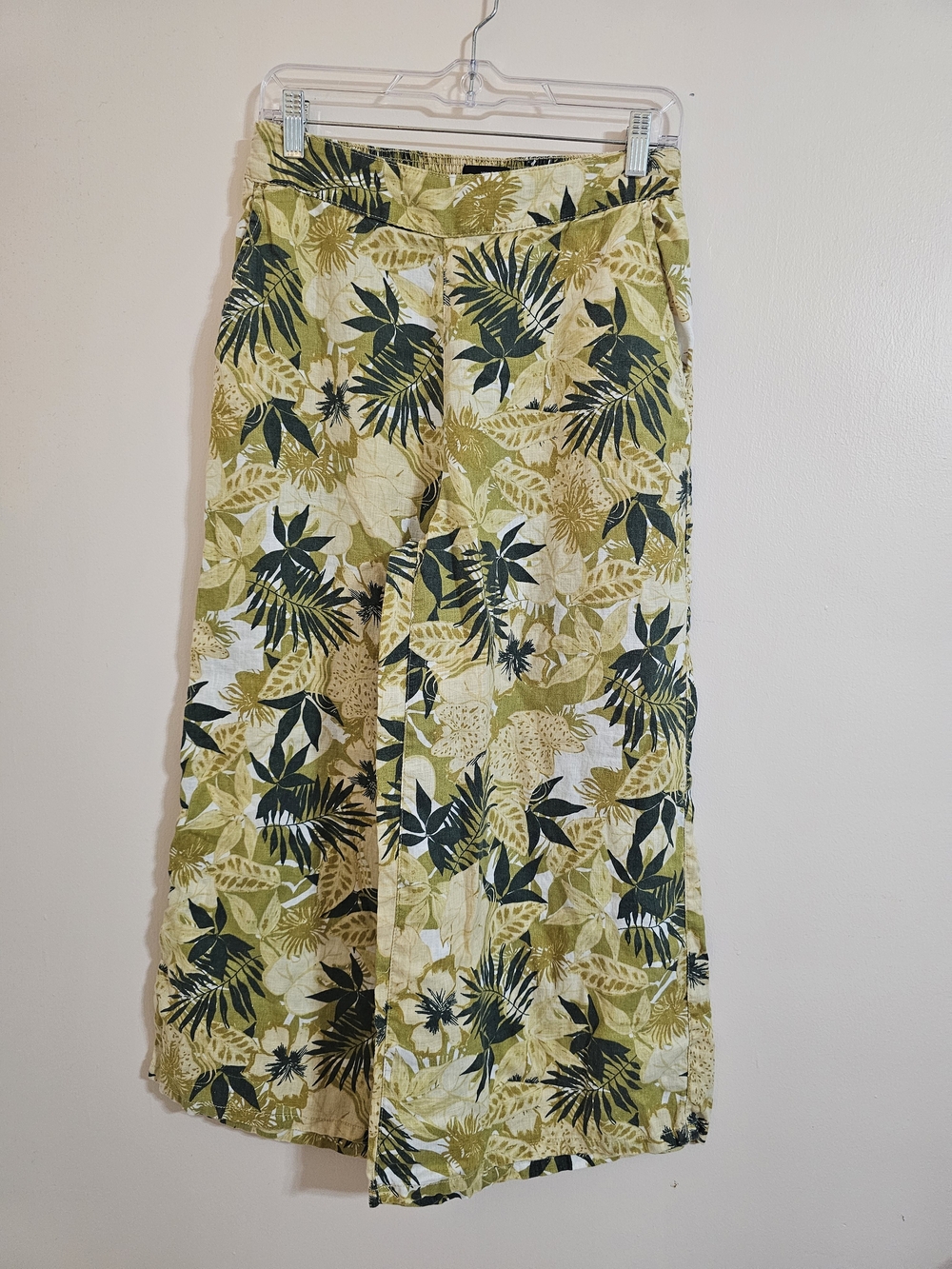 Tahari Medium Olive and Dark Green Tropical Pallazzo Pants 100% Linen